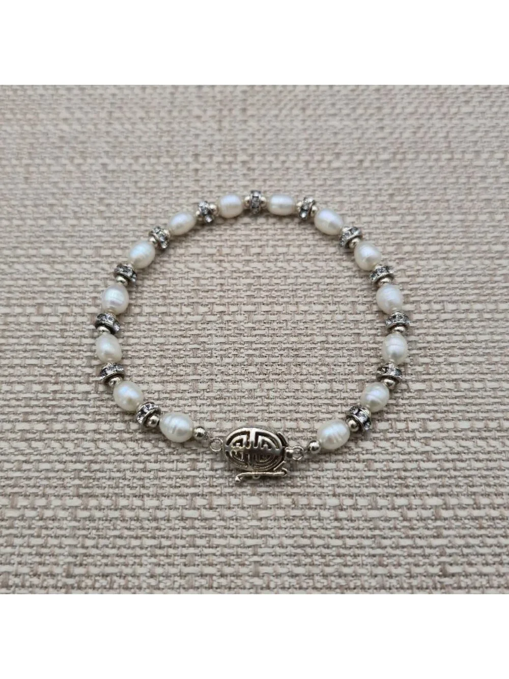 7.5 Inch Sterling Silver Freshwater Pearl Crystal Rondelle Spacer Bracelet A8159